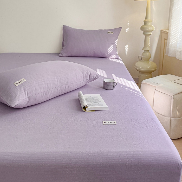 91家纺网 家纺一手货源 找家纺 澜妃 2025新款云感提花双层纱单床笠 床笠单件 青紫泡泡