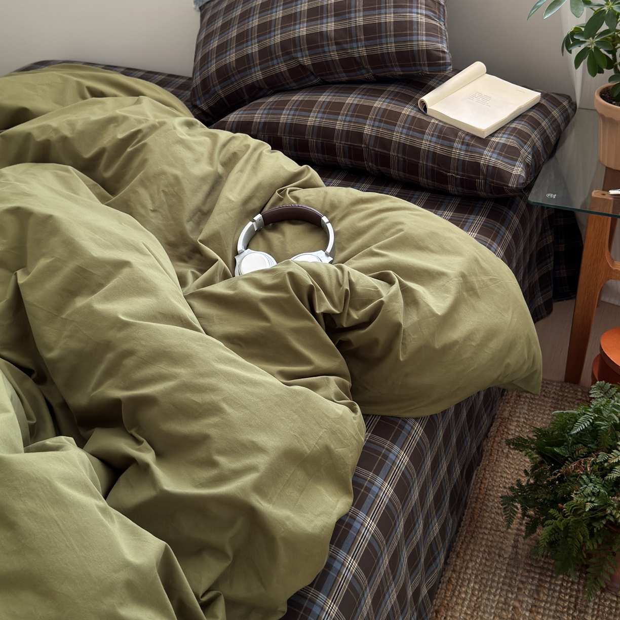 玖弘家居 2025新款纯色被套格子单混搭四件套 海岸蓝格-橄榄绿（枕套格子)