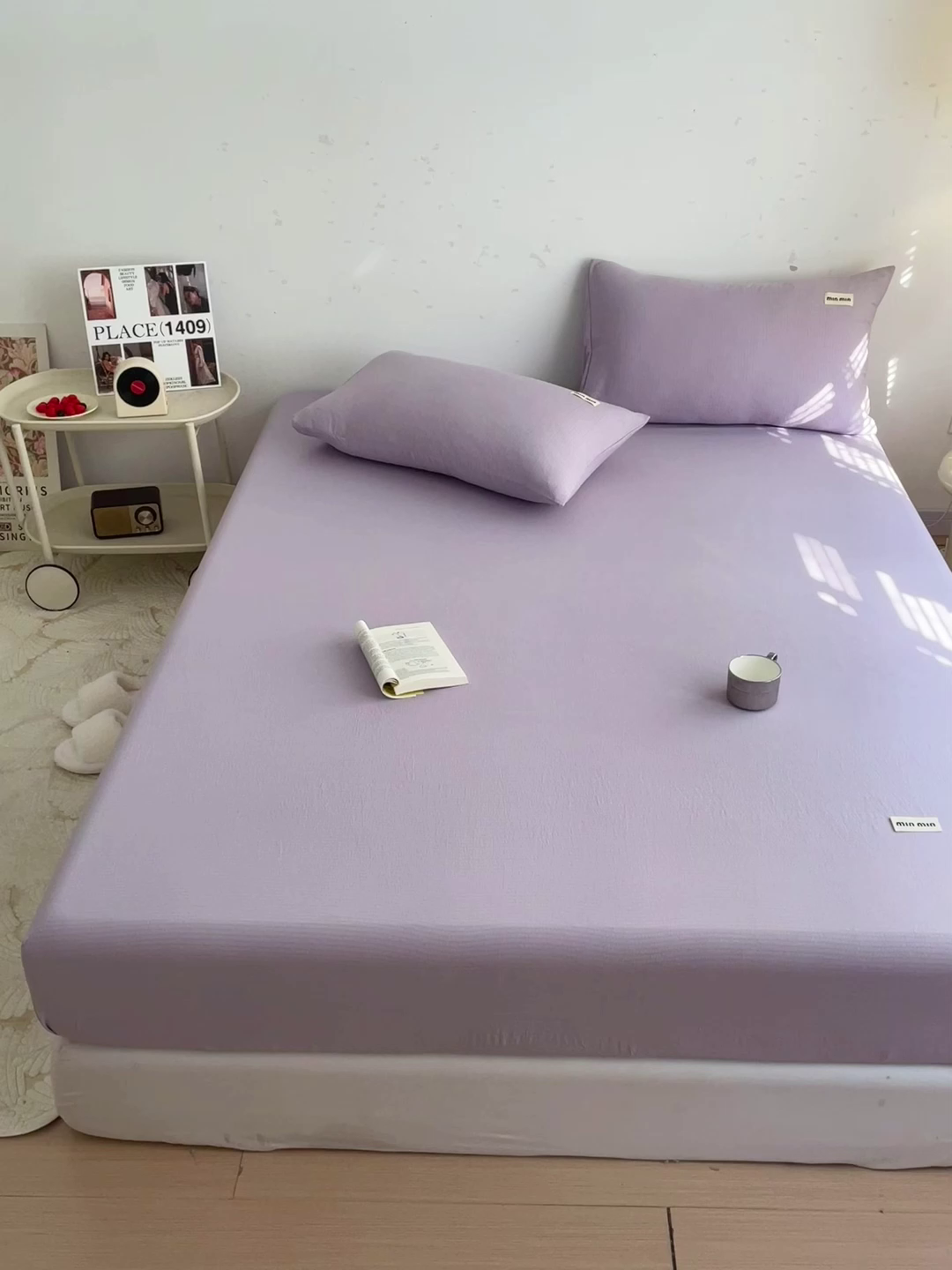 91家纺网 家纺一手货源 找家纺 澜妃 2025新款云感提花双层纱单床笠 床笠单件 青紫泡泡