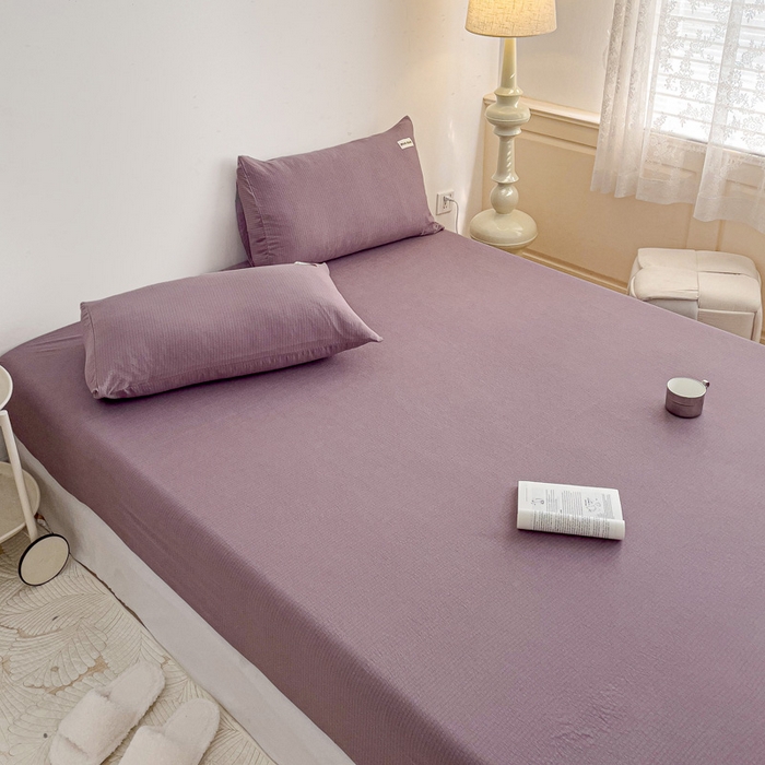 91家纺网 家纺一手货源 找家纺 澜妃 2025新款云感提花双层纱单床笠 床笠单件 紫色泡泡