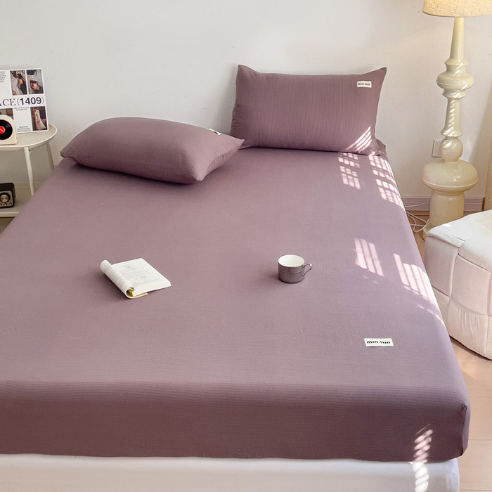 91家纺网 家纺一手货源 找家纺 澜妃 2025新款云感提花双层纱单床笠 床笠单件 紫色泡泡