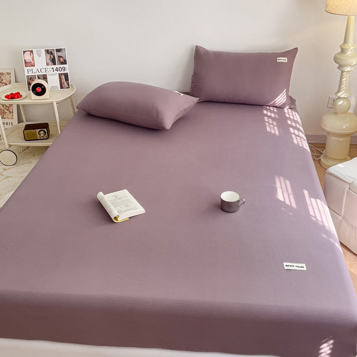 91家纺网 家纺一手货源 找家纺 澜妃 2025新款云感提花双层纱单床笠 床笠单件 紫色泡泡