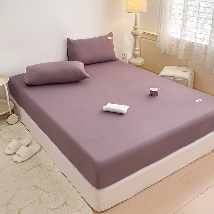 91家纺网 家纺一手货源 找家纺 澜妃 2025新款云感提花双层纱单床笠 床笠单件 紫色泡泡