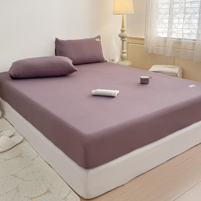 91家纺网 家纺一手货源 找家纺 澜妃 2025新款云感提花双层纱单床笠 床笠单件 紫色泡泡