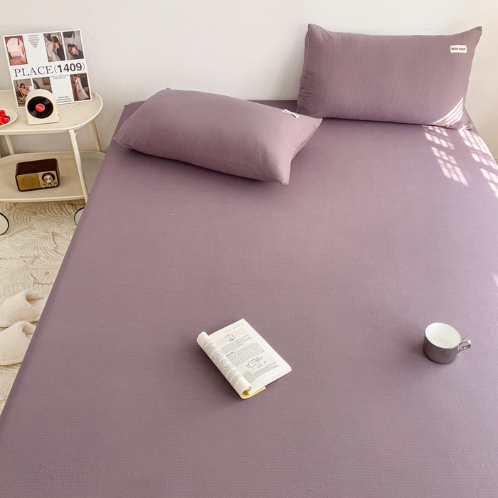 91家纺网 家纺一手货源 找家纺 澜妃 2025新款云感提花双层纱单床笠 床笠单件 紫色泡泡