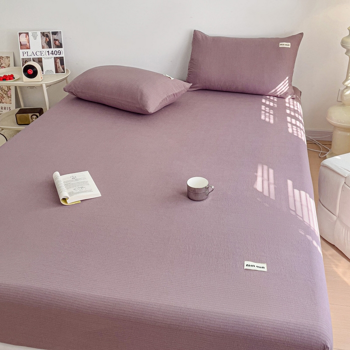 91家纺网 家纺一手货源 找家纺 澜妃 2025新款云感提花双层纱单床笠 床笠单件 紫色泡泡