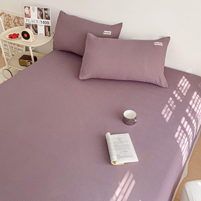 91家纺网 家纺一手货源 找家纺 澜妃 2025新款云感提花双层纱单床笠 床笠单件 紫色泡泡