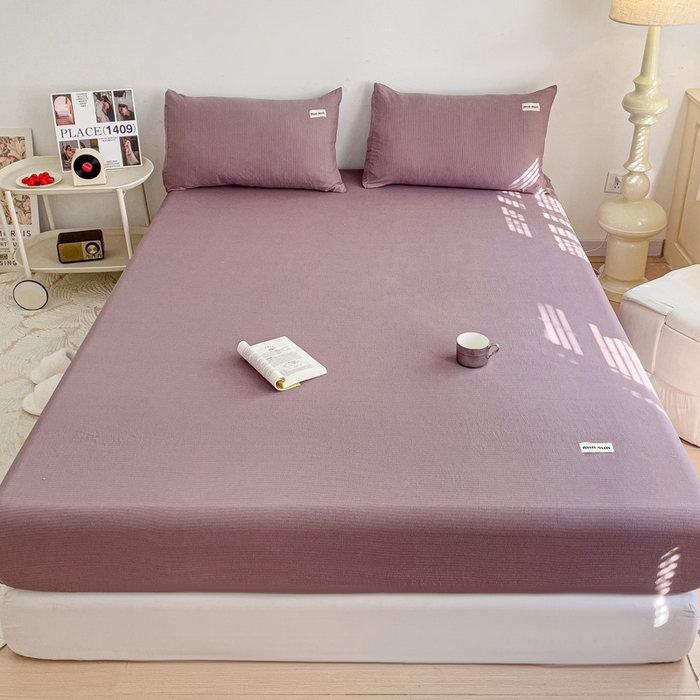 91家纺网 家纺一手货源 找家纺 澜妃 2025新款云感提花双层纱单床笠 床笠单件 紫色泡泡