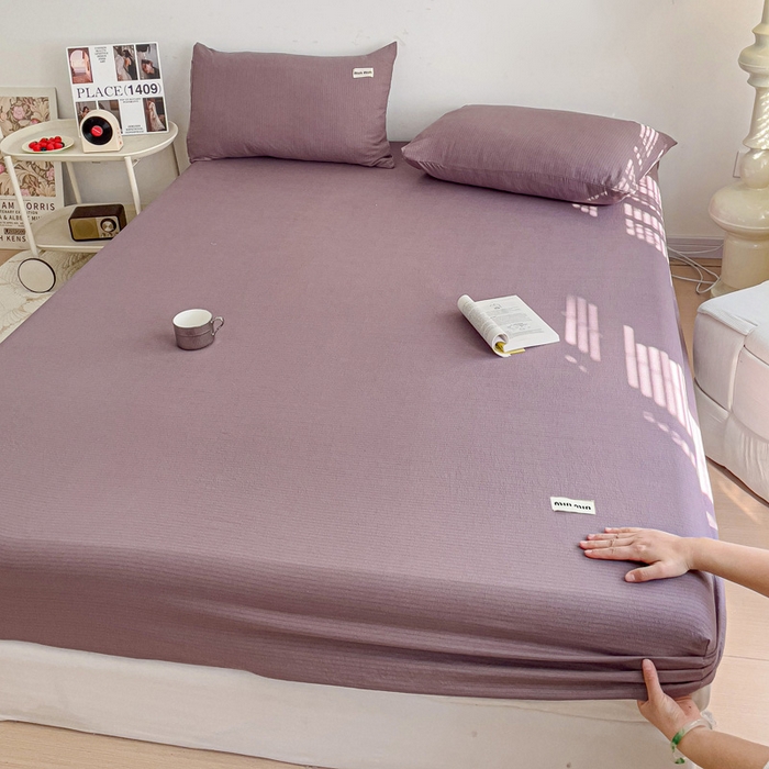 91家纺网 家纺一手货源 找家纺 澜妃 2025新款云感提花双层纱单床笠 床笠单件 紫色泡泡