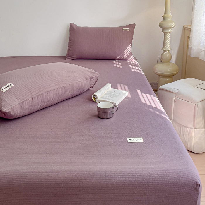 91家纺网 家纺一手货源 找家纺 澜妃 2025新款云感提花双层纱单床笠 床笠单件 紫色泡泡