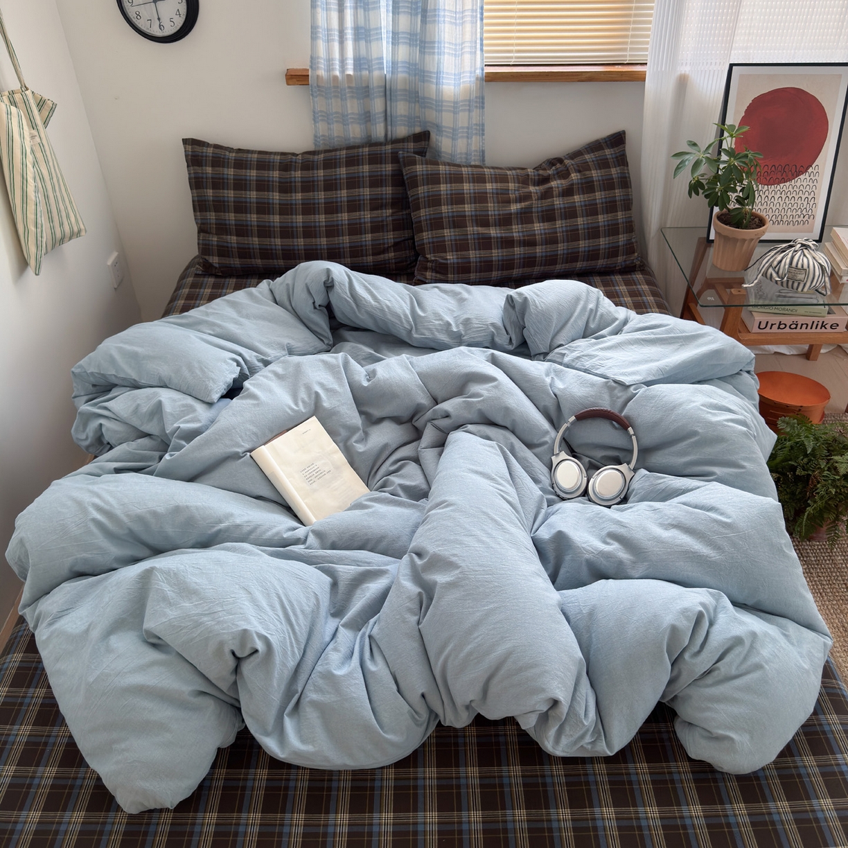 91家纺网 家纺一手货源 找家纺 玖弘家居 2025新款纯色被套格子单混搭四件套 海岸蓝格-浅蓝（枕套格子）