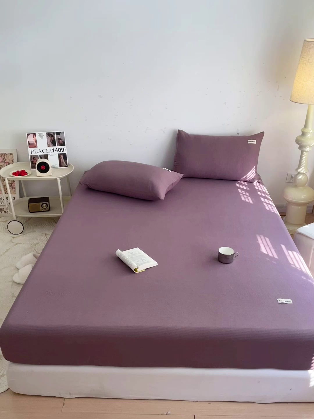 91家纺网 家纺一手货源 找家纺 澜妃 2025新款云感提花双层纱单床笠 床笠单件 紫色泡泡