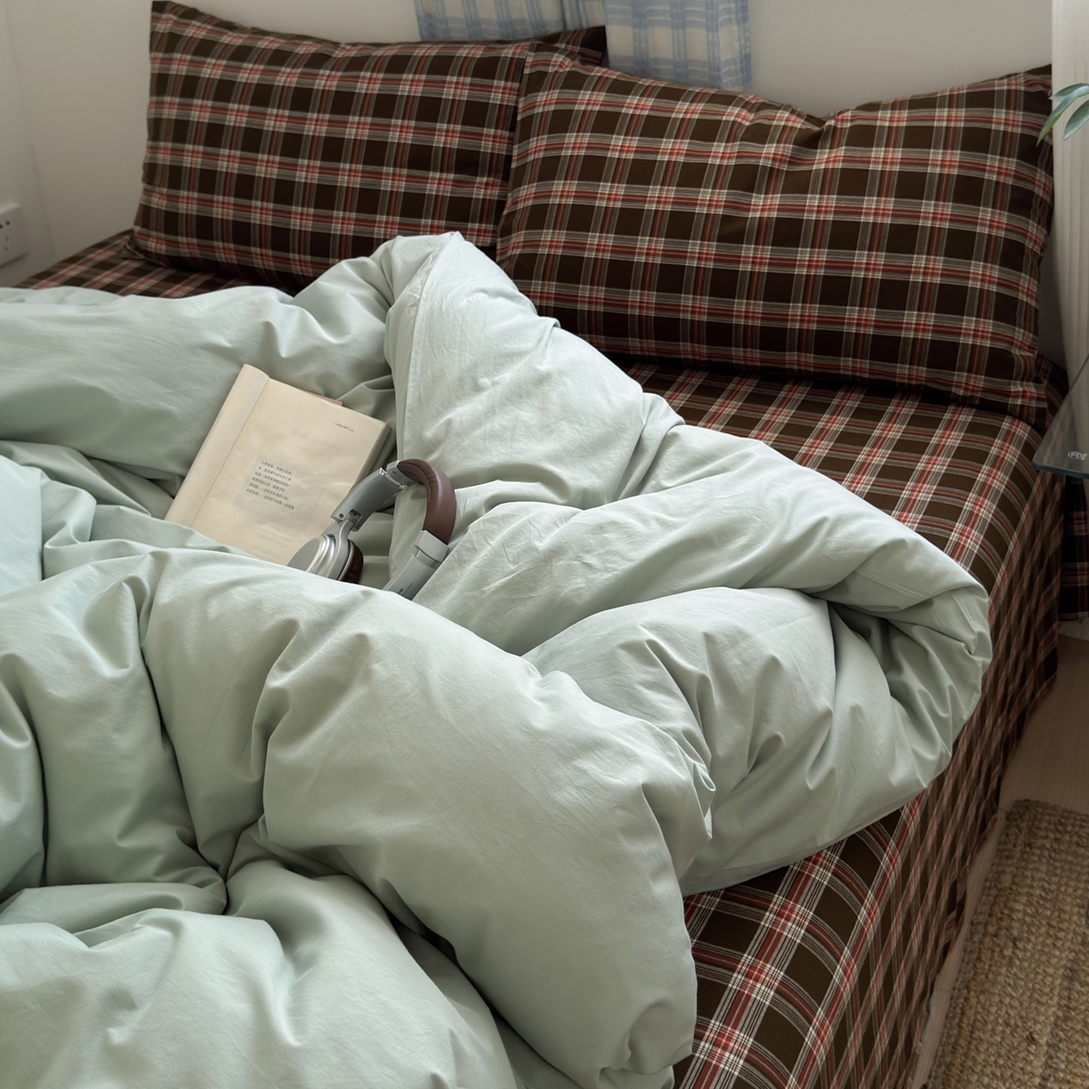 玖弘家居 2025新款纯色被套格子单混搭四件套 赤线红格-淡绿（枕套格子）