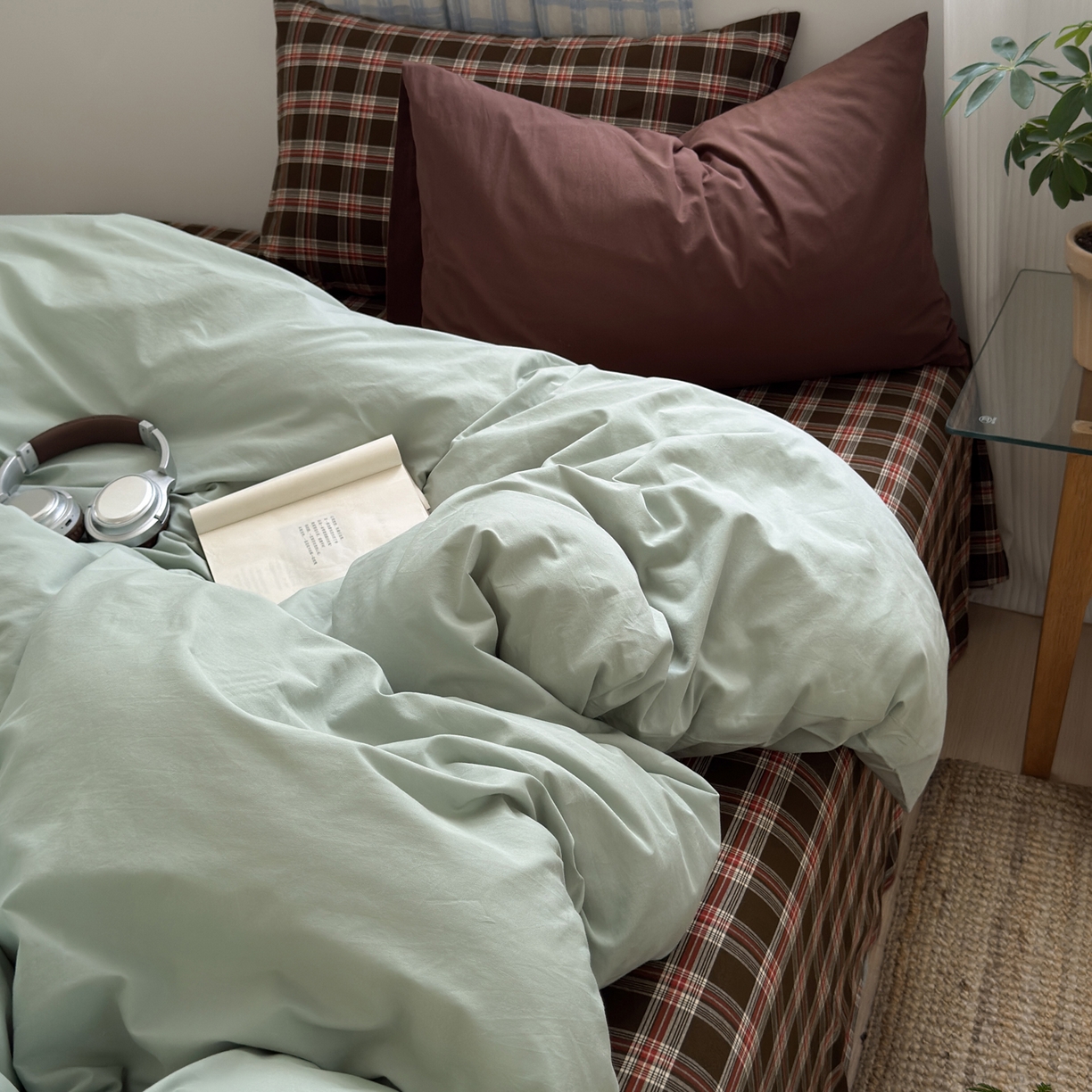 玖弘家居 2025新款纯色被套格子单混搭四件套 赤线红格-淡绿（枕套格子+巧克力棕）