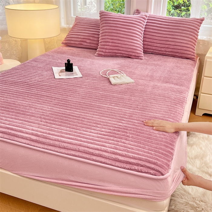 圣比熊 2025新款法莱绒床笠法兰绒床垫保护套牛奶绒兔毛绒席梦思床垫套-抽条 法莱绒抽条-云梦粉