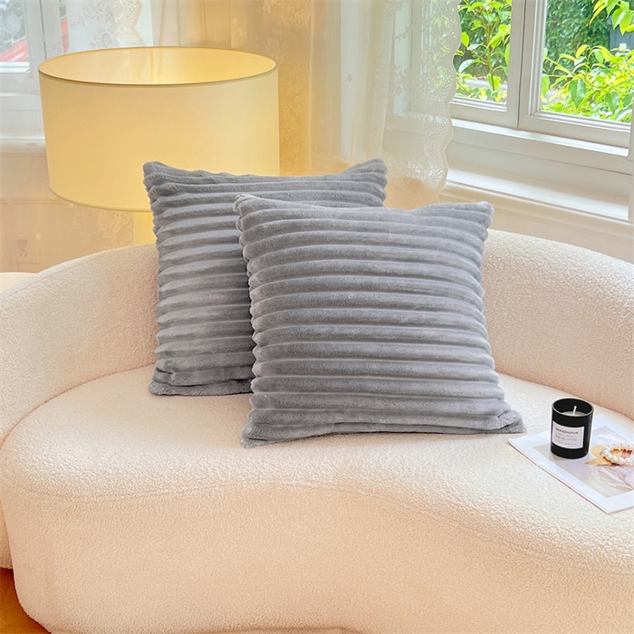 91家纺网 家纺一手货源 找家纺 梦舒羽 2025新款法莱绒抱枕套法兰绒枕套宿舍枕芯套兔毛绒枕头套-抽条 法莱绒抽条-烟雨灰