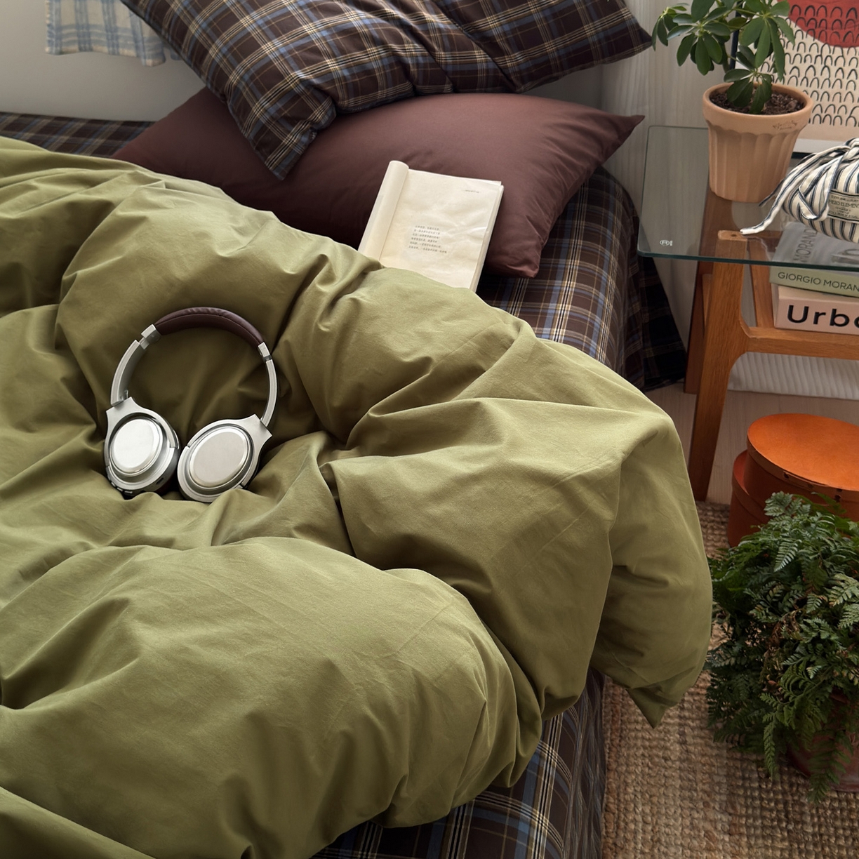 玖弘家居 2025新款纯色被套格子单混搭四件套 海岸蓝格-橄榄绿(枕套格子+巧克力棕）