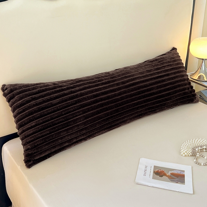 梦舒羽 2025新款法莱绒双人枕套牛奶绒加长法兰绒枕芯套兔毛绒雪花绒枕头套-抽条 法莱绒抽条-咖啡色