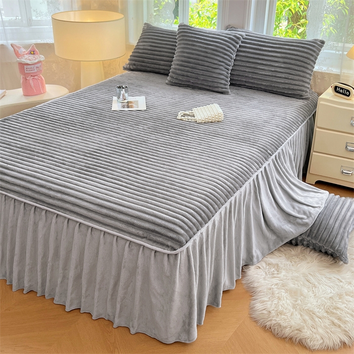圣比熊 2025新款法莱绒床裙法兰绒床垫保护罩牛奶绒兔毛绒床垫床单罩-抽条 法莱绒抽条-烟雨灰