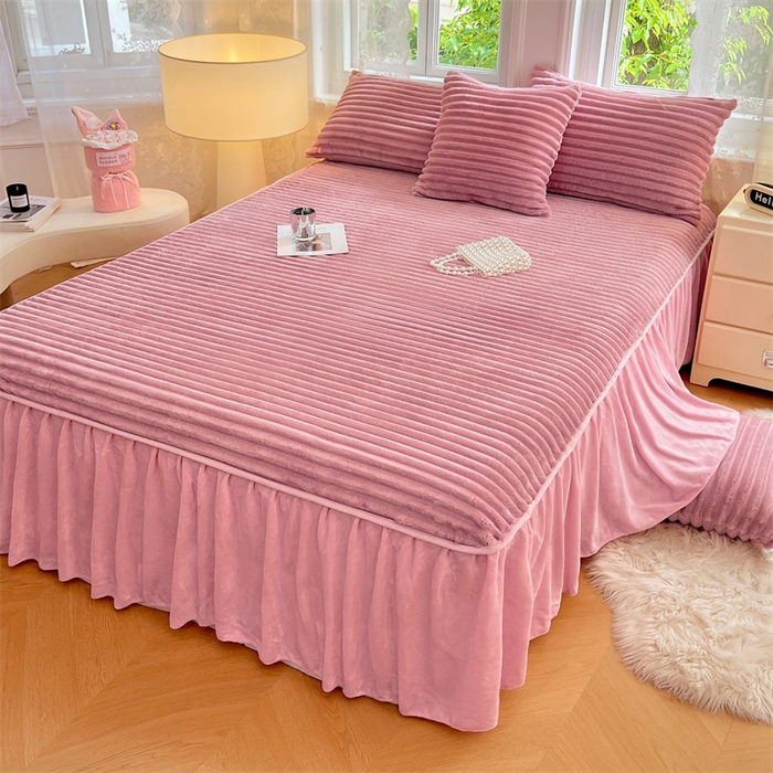 圣比熊 2025新款法莱绒床裙法兰绒床垫保护罩牛奶绒兔毛绒床垫床单罩-抽条 法莱绒抽条-云梦粉