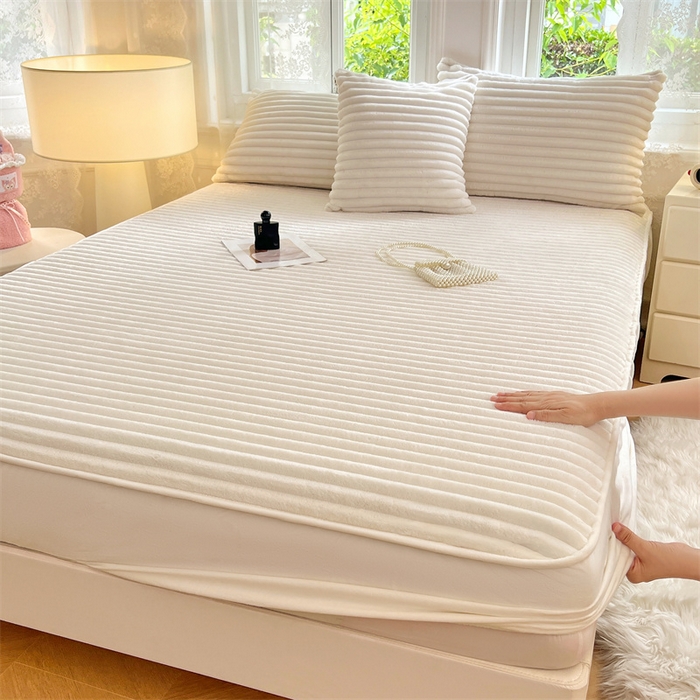 梦舒羽 2025新款法莱绒床笠法兰绒床垫保护套牛奶绒兔毛绒席梦思床垫套-抽条 法莱绒抽条-晨曦白