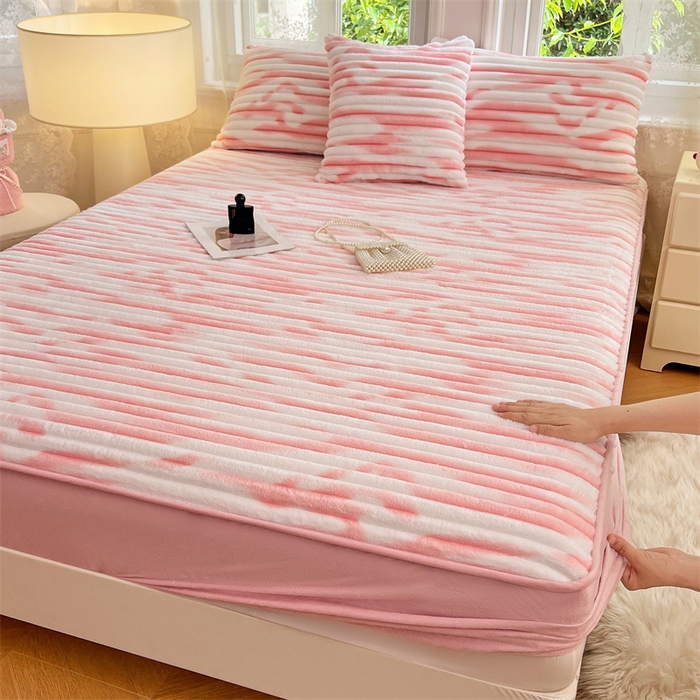 梦舒羽 2025新款法莱绒床笠法兰绒床垫保护套牛奶绒兔毛绒席梦思床垫套-抽条 法莱绒抽条-梦幻樱粉