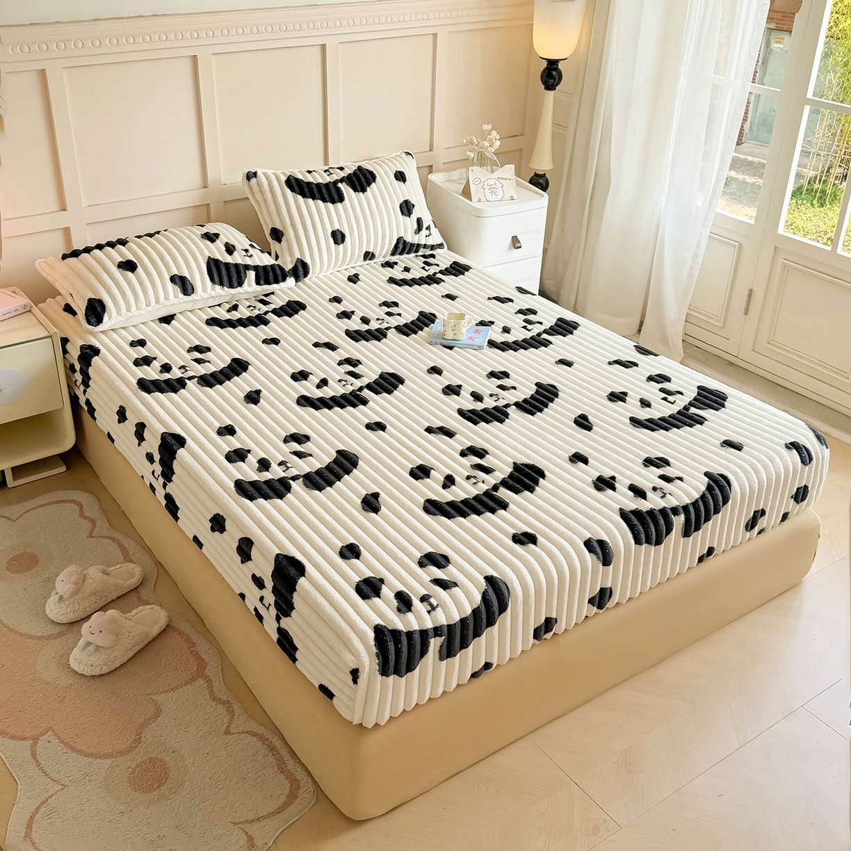 91家纺网 家纺一手货源 找家纺 （总）眠势力 2025新款兔兔绒抽条印花床笠单件冬季兔绒加绒保暖保护套全包防尘床垫罩