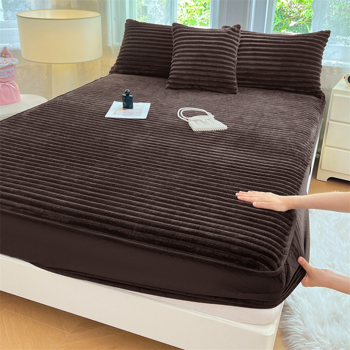 梦舒羽 2025新款法莱绒床笠法兰绒床垫保护套牛奶绒兔毛绒席梦思床垫套-抽条 法莱绒抽条-咖啡色