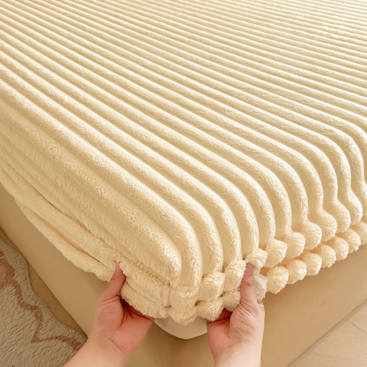 91家纺网 家纺一手货源 找家纺 眠势力 2025新款兔兔绒抽条印花床笠单件冬季兔绒加绒保暖保护套全包防尘床垫罩 温柔米【兔兔绒抽条床笠】
