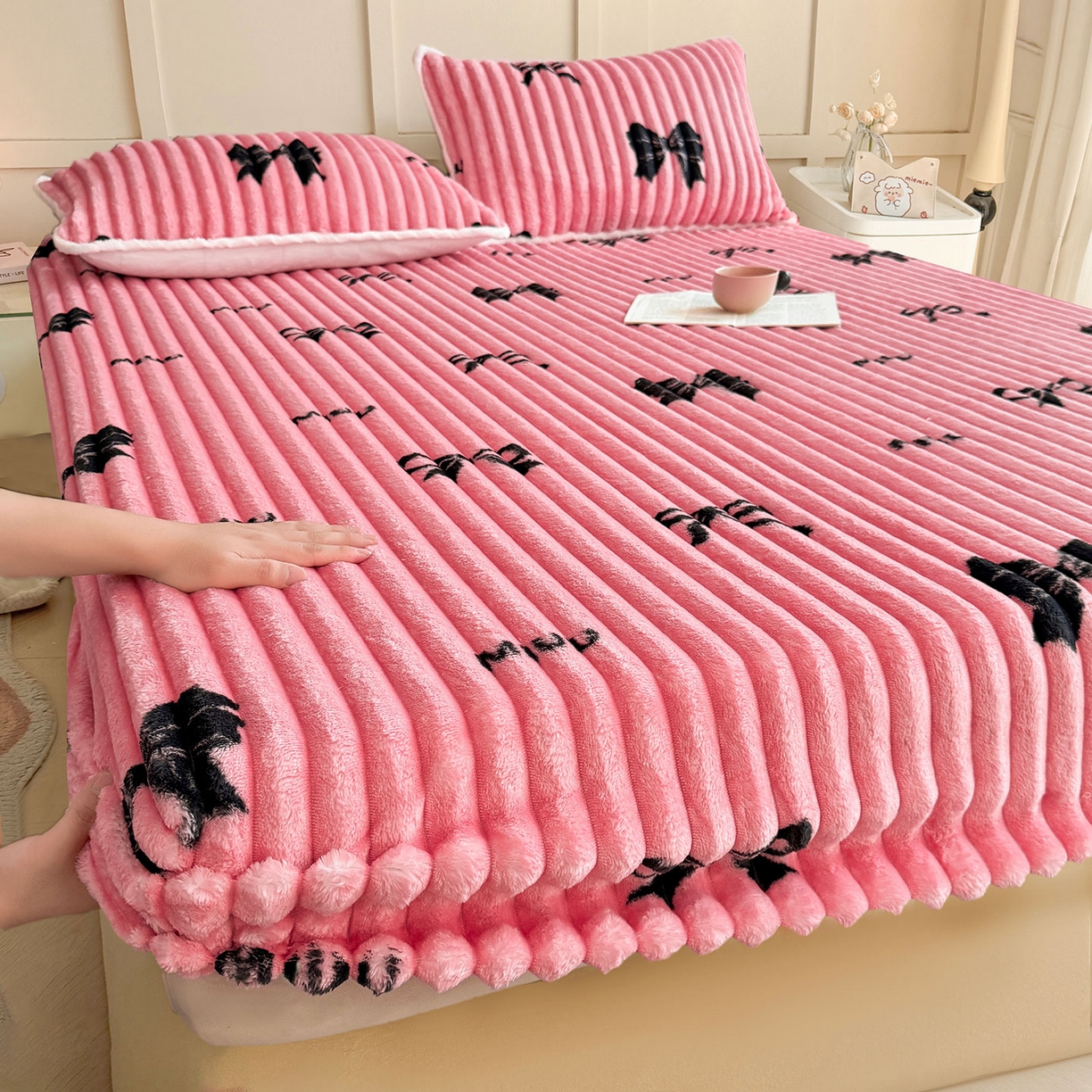 眠势力 2025新款兔兔绒抽条印花床笠单件冬季兔绒加绒保暖保护套全包防尘床垫罩 粉色记忆【兔兔绒抽条床笠】