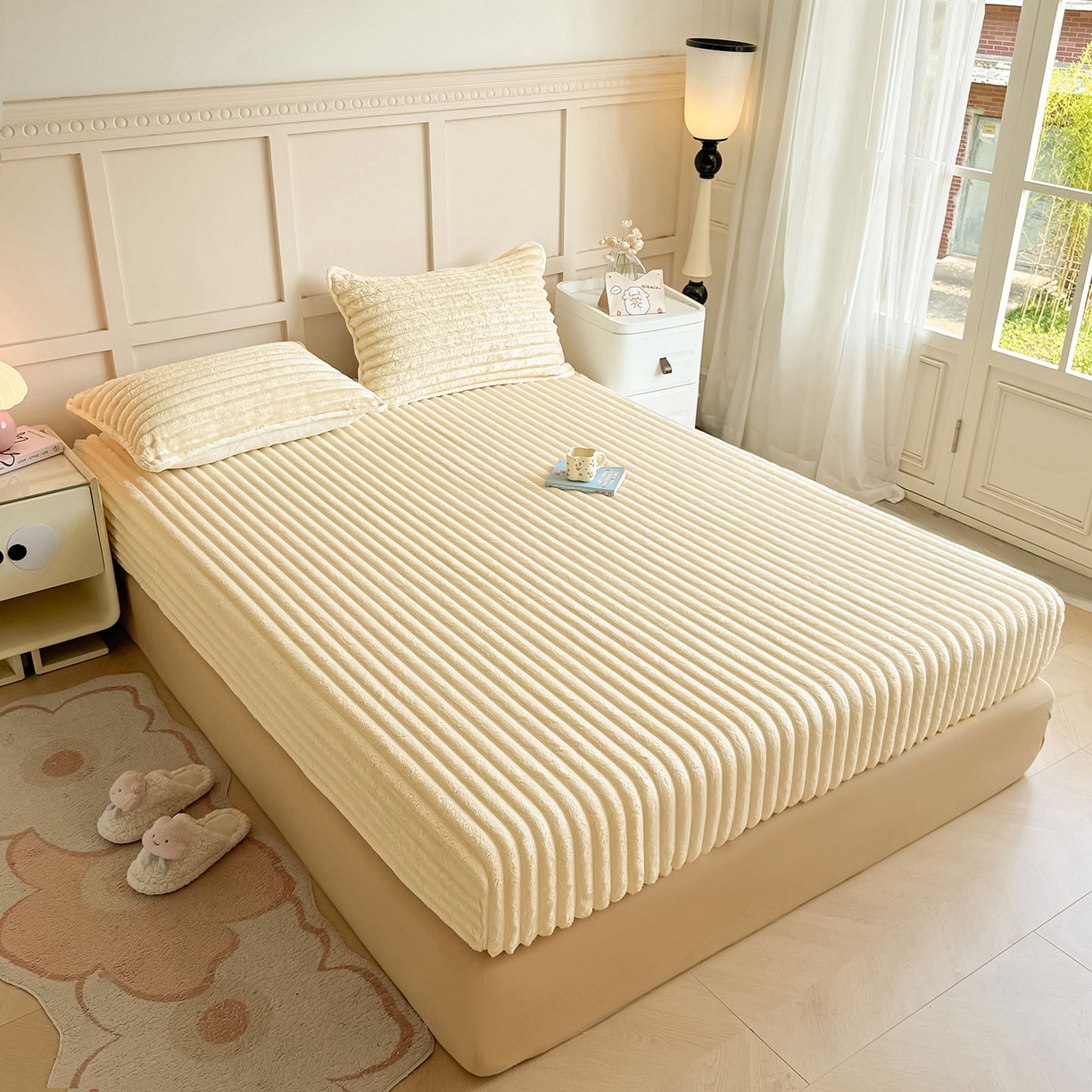 91家纺网 家纺一手货源 找家纺 眠势力 2025新款兔兔绒抽条印花床笠单件冬季兔绒加绒保暖保护套全包防尘床垫罩 温柔米【兔兔绒抽条床笠】