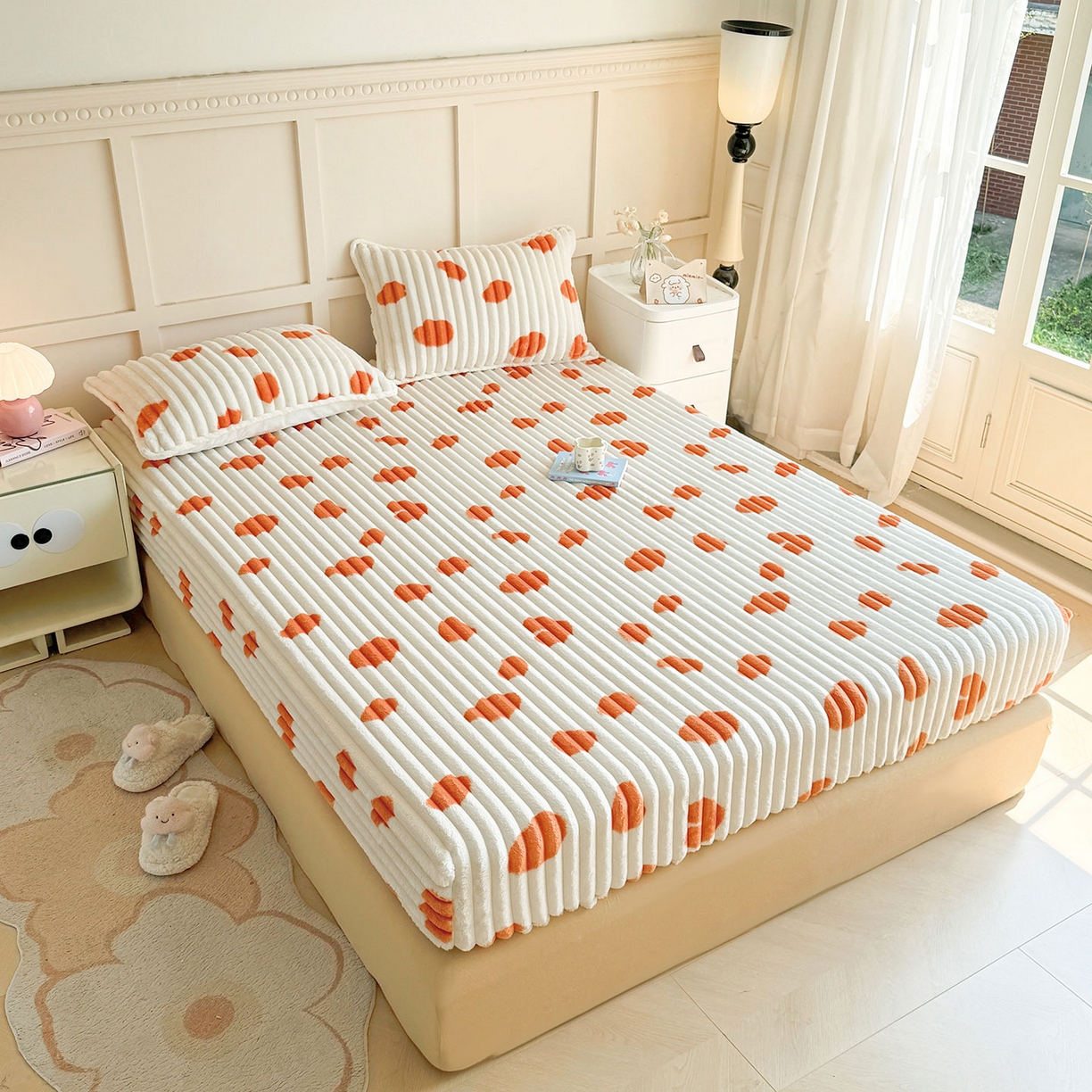 91家纺网 家纺一手货源 找家纺 眠势力 2025新款兔兔绒抽条印花床笠单件冬季兔绒加绒保暖保护套全包防尘床垫罩 暖阳【兔兔绒抽条床笠】