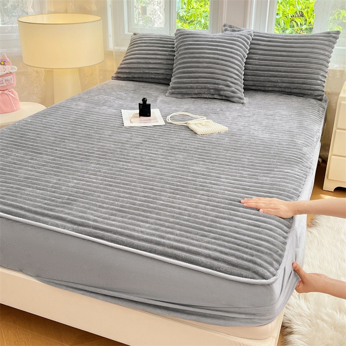 梦舒羽 2025新款法莱绒床笠法兰绒床垫保护套牛奶绒兔毛绒席梦思床垫套-抽条 法莱绒抽条-烟雨灰