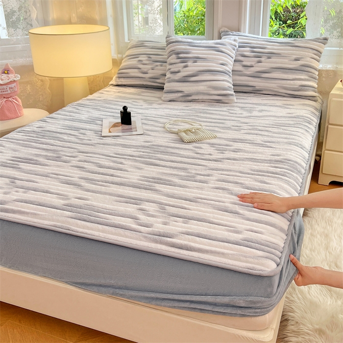 梦舒羽 2025新款法莱绒床笠法兰绒床垫保护套牛奶绒兔毛绒席梦思床垫套-抽条 法莱绒抽条-梦幻浅灰