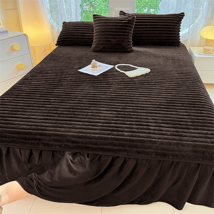 圣比熊 2025新款兔毛绒床裙法兰绒床垫保护罩牛奶绒床垫法莱绒床单罩-抽条 兔毛绒抽条-咖啡色