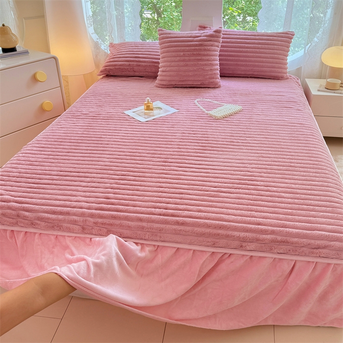 圣比熊 2025新款兔毛绒床裙法兰绒床垫保护罩牛奶绒床垫法莱绒床单罩-抽条 兔毛绒抽条-云梦粉