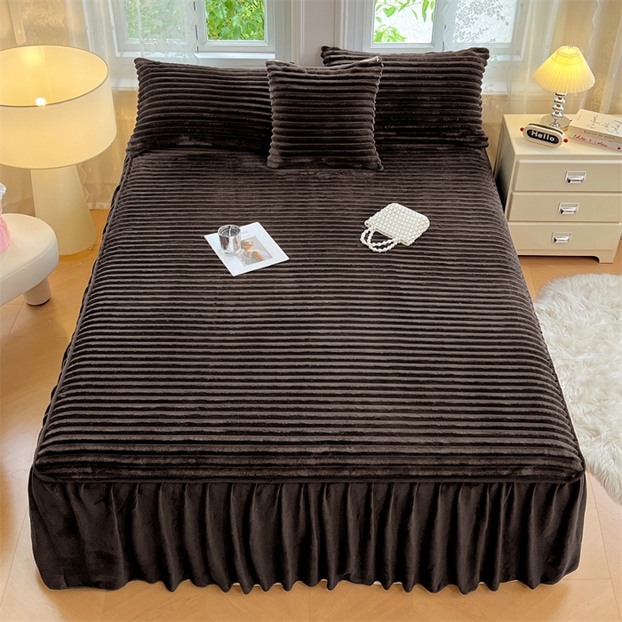 91家纺网 家纺一手货源 找家纺 梦舒羽 2025新款法莱绒床裙法兰绒床垫保护罩牛奶绒兔毛绒床垫床单罩-抽条 法莱绒抽条-咖啡色