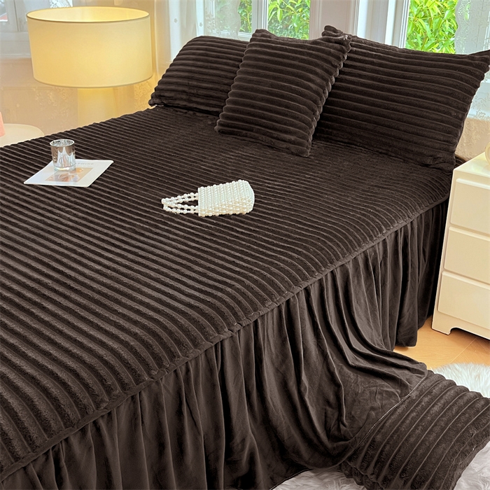 91家纺网 家纺一手货源 找家纺 梦舒羽 2025新款法莱绒床裙法兰绒床垫保护罩牛奶绒兔毛绒床垫床单罩-抽条 法莱绒抽条-咖啡色