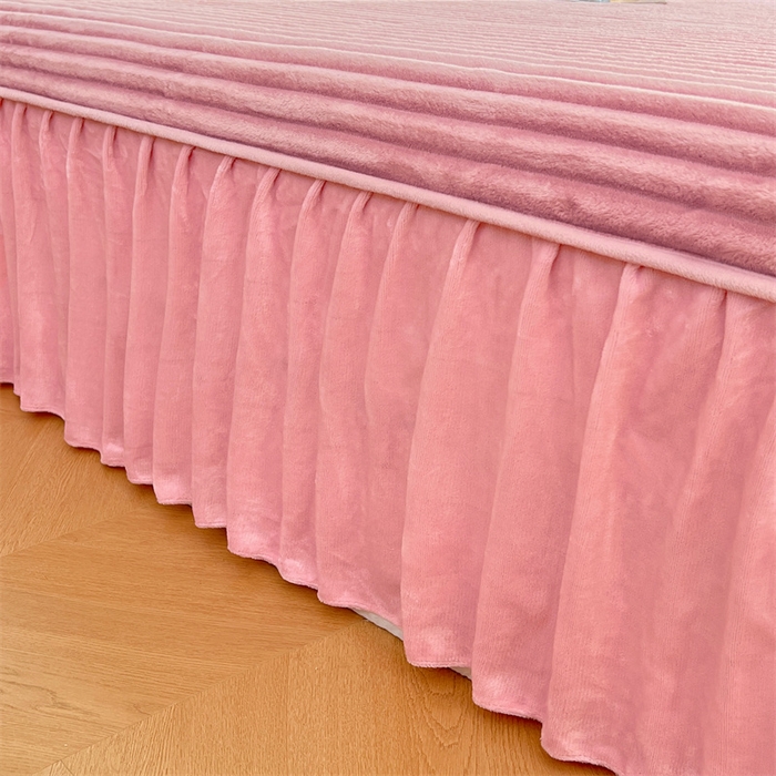 91家纺网 家纺一手货源 找家纺 梦舒羽 2025新款法莱绒床裙法兰绒床垫保护罩牛奶绒兔毛绒床垫床单罩-抽条 法莱绒抽条-云梦粉