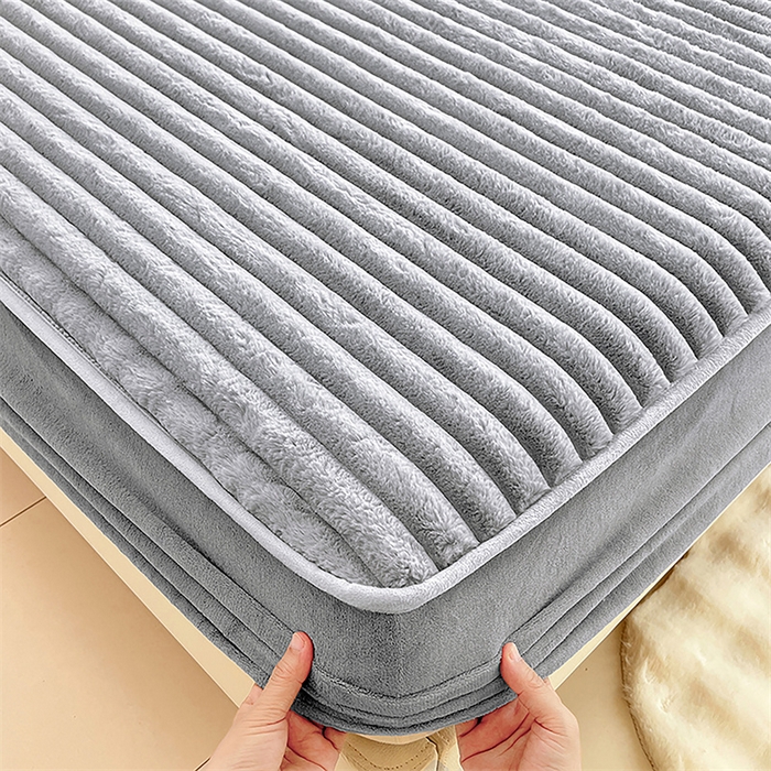 圣比熊 2025新款兔毛绒床笠床垫法兰绒保护套牛奶绒席梦思法莱绒床垫套-抽条 兔毛绒抽条-烟雨灰