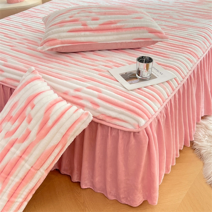 91家纺网 家纺一手货源 找家纺 梦舒羽 2025新款法莱绒床裙法兰绒床垫保护罩牛奶绒兔毛绒床垫床单罩-抽条 法莱绒抽条-梦幻樱粉