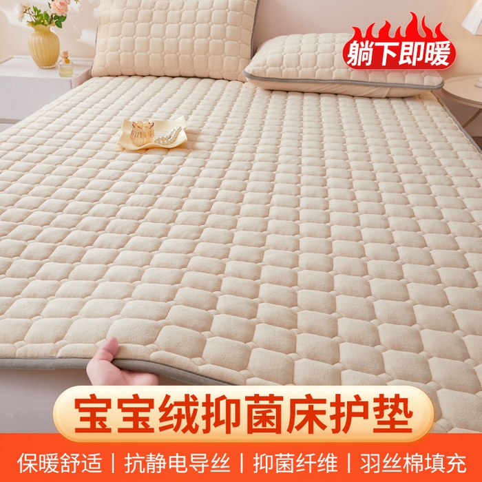 91家纺网 家纺一手货源 找家纺 丽诺床垫 2025新款高克重宝宝绒纯色抗菌床褥 米杏