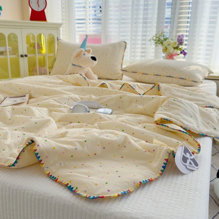 91家纺网 家纺一手货源 找家纺 澜妃 2025新款云感双层纱抗菌贝壳边夏被夏凉被空调被 贝壳边-波点世界