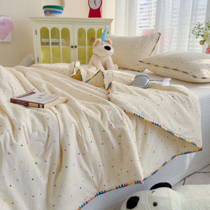 91家纺网 家纺一手货源 找家纺 澜妃 2025新款云感双层纱抗菌贝壳边夏被夏凉被空调被 贝壳边-波点世界