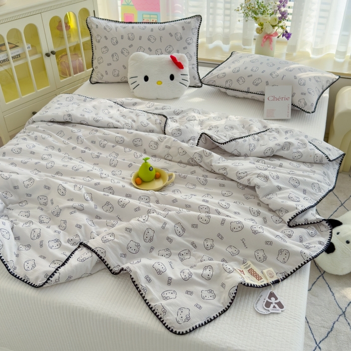 91家纺网 家纺一手货源 找家纺 澜妃 2025新款云感双层纱抗菌贝壳边夏被夏凉被空调被 贝壳边-猫咪恋人