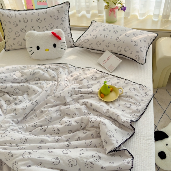 91家纺网 家纺一手货源 找家纺 澜妃 2025新款云感双层纱抗菌贝壳边夏被夏凉被空调被 贝壳边-猫咪恋人