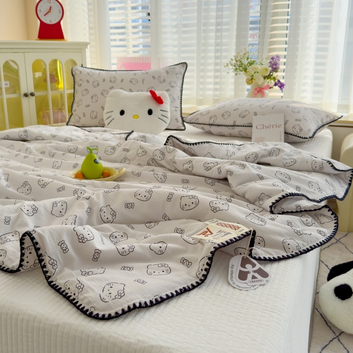 91家纺网 家纺一手货源 找家纺 澜妃 2025新款云感双层纱抗菌贝壳边夏被夏凉被空调被 贝壳边-猫咪恋人