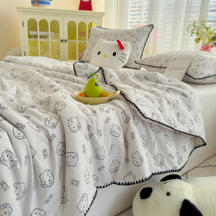 91家纺网 家纺一手货源 找家纺 澜妃 2025新款云感双层纱抗菌贝壳边夏被夏凉被空调被 贝壳边-猫咪恋人
