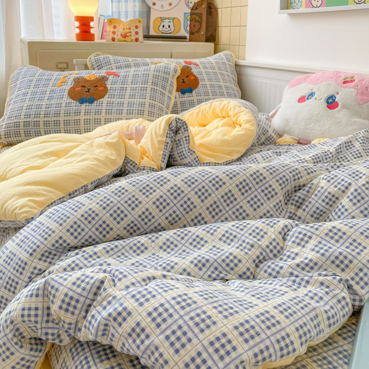 91家纺网 家纺一手货源 找家纺 云玲时尚 2025新款云感懒人冬季一体被床盖四件套 nice熊