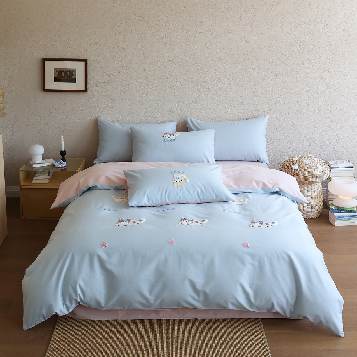 时光里 2025新款全棉100S卡通风磨毛毛巾绣四件套 萌宠小猫咪